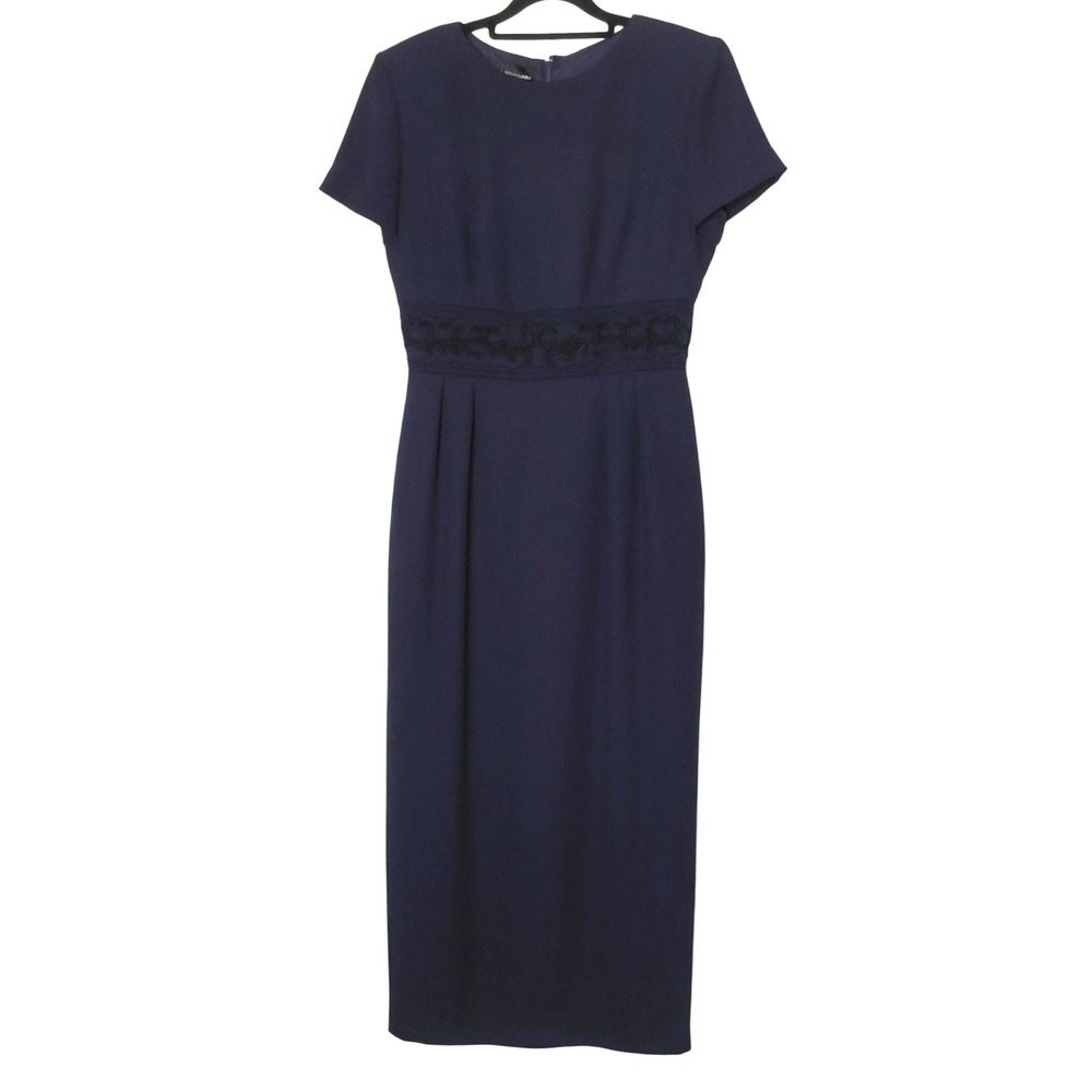Donna Morgan Sheath Dress Women 8 Navy Blue Soutache Waist Short Sleeve Midi